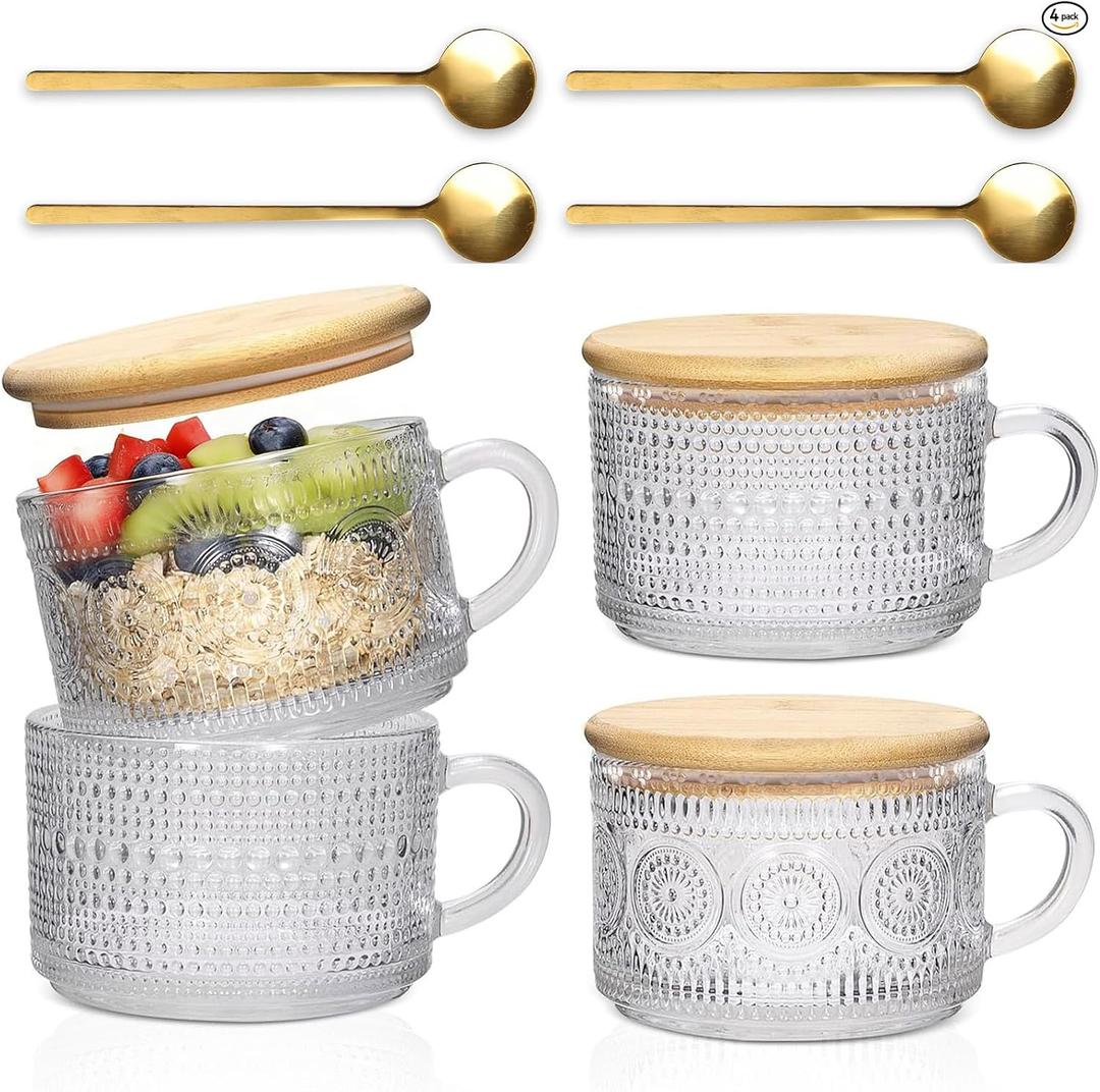 Vintage Coffee Mugs 4pcs Set, 14 Oz Glass Coffee Cups Gifts for Women, Overnight Oats containers with Bamboo Lids and Spoons,Clear Embossed Glass Cups,Cute Coffee Bar Accessories, Iced Coffee Glasses | Clear, Embossed, Tea Cups, Bamboo Lids, Spoons