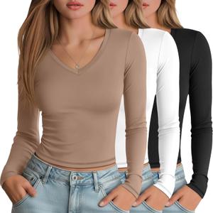 3 Pack Women's Long Sleeve Shirts V Neck Fitted Crop Tops Basic Tight Stretchy Tees Lightweight Layering Clothes, Size: Small (Black, White, Khaki)