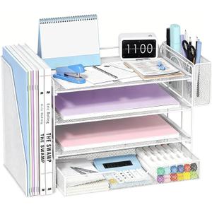 OPNICE 4-Tier Desk Organizer and Accessories, Desktop File Organizer with Drawer, Pen Holder and File Holder, Paper Letter Tray Organizer, Office Desk Accessories for Home Office Supplies, White