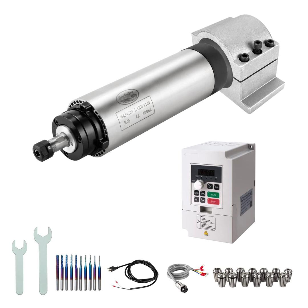 CNC Spindle Motor Kits, 110V 1.5KW Air Cooled Spindle CNC Spindle +110V 1.5KW VFD+65mm Clamp Mount +Collet Set ER11+ Drill bits+ Wires+ Wrenches for CNC Router Machine