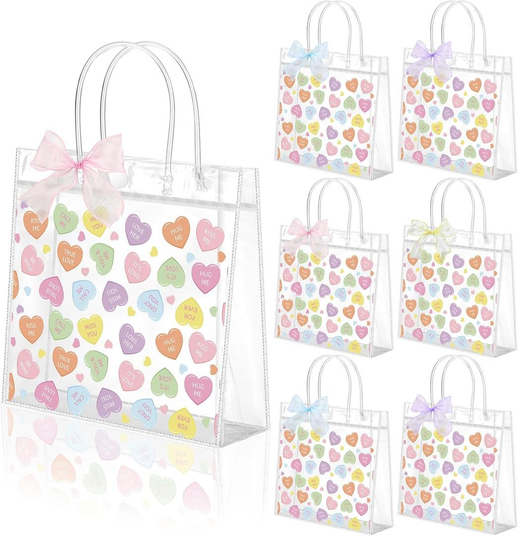 Tinlade 24 Set Valentines Conversation Heart Gift Bag Valentine Clear Plastic Bag with Handles Candy Bows PVC Treat Goodie Transparent Bags for Galentines Day Birthday Party Supplies (Multicolor)