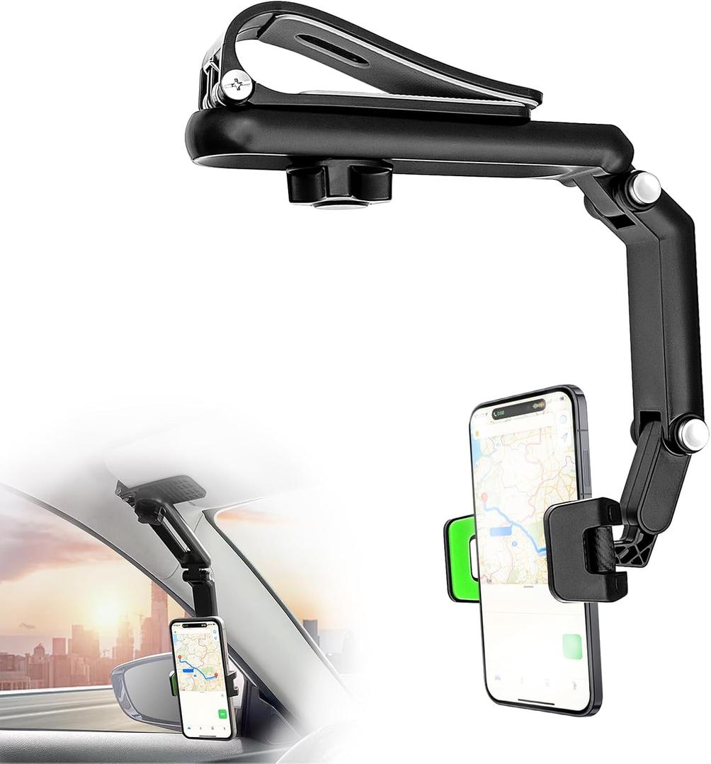 Sun Visor Car Phone Holder, Universal 360 Rotating Sun Visor & Rearview Mirror Phone Holder Mount - Retractable Car Accessories Compatible with iPhone/Samsung/Android