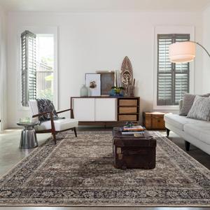 8x10 Washable Non-Slip Area Rugs for Living Room, Dining Room, Bedroom Home Office-Vintage Floral Soft Non-Shedding Distressed Faux Wool Farmhouse Large Area Rugs(Brown, 8'10')