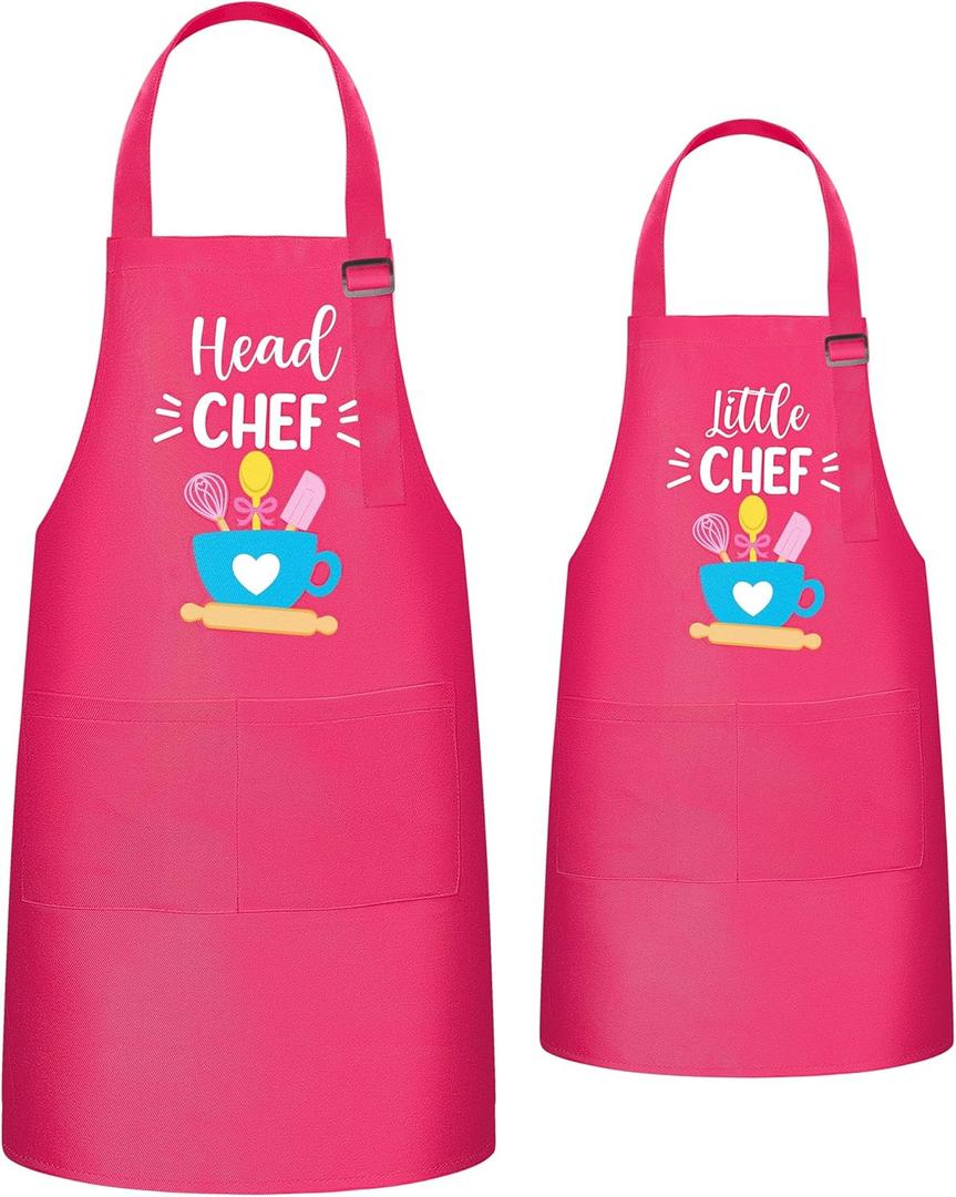 R HORSE 2Pcs Adults Kids Matching Apron Set Mommy and Me Adjustable Kitchen Apron with 2 Pockets Parent and Child Matching Gift for Mother's Day Women Daughter Cooking Baking Painting Training (Pink Chef)
