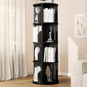 Rotating Bookshelf Tower, 4 Tier Corner Narrow Spinning Bookcase, 360° Revolving Storage Round Book Shelf, Vertical Swivel Lazy Susan Organizer for Kids Rooms Classroom Library Small Space Decor