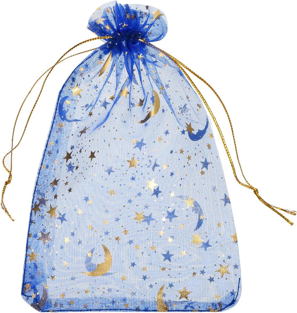 MECCANIXITY Organza Bag 4" x 6", Sheer Moon Star Mesh Bags Drawstring Gift Bags Bulk Party Favor Bag Jewelry Pouches for Wedding Candy Valentines (Bright Blue-Gold, Pack of 50)