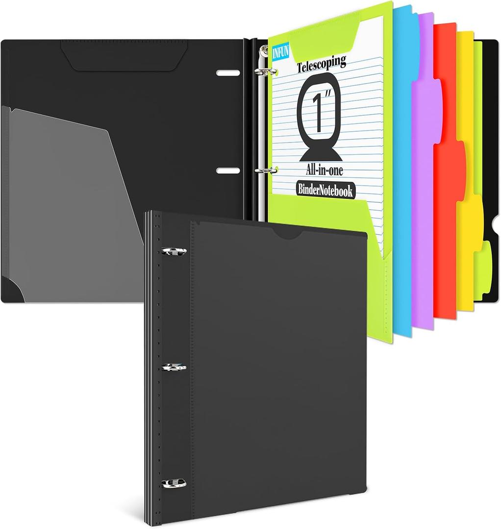 INFUN 1 INCH All-in-one Telescoping Binder Notebook, 3 Ring Binder with 1 Plastic Movable Pocket Folder,5 Plastic Subject Dividers and Graph Paper and College Ruled Paper, Holds 225 Sheets-Black