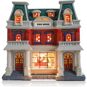 DREAM GARDEN Christmas Village House, Ceramic Post Office with LED Light Christmas Collectible Buildings for Tabletop Decoration Xmas Mantle Home Decor