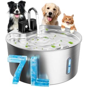 Dog Water Fountain for Large Dogs, 7L/1.8Gal 4200mAh Cordless Water Dispenser for Dogs, Stainless Steel Automatic Pet Water Fountain Indoor/Outdoor with Ultra-Quiet Pump Multi-Filter, Easy Clean