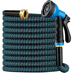 Expandable Garden Hose 50 ft with 10 Function Spray Nozzle, Flexible, Kink Free, Leak-Proof, Ultra Lightweight Retractable Stretch Water Hose 50ft for Yard, Lawn, Car Wash and Outdoor (Black & Blue)