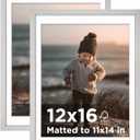 KINLINK 12x16 Picture Frame Silver Set of 2, Wooden Photo Frames Matted 11x14 with Plexiglass for 11x14 with Mat or 12x16 without Mat for Table and Wall Display