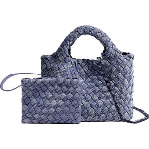 Woven Tote Bag for Women with Coin Purse, Foldable Chain Small Crossbody Handbags, Fashion Shoulder Bag, Hobo Satchel