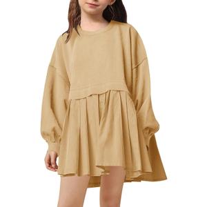 Batermoon Girls Pleated Sweatshirt Dresses Kids Fashion Long Sleeve Crew Neck Mini Dress 5-14 Years