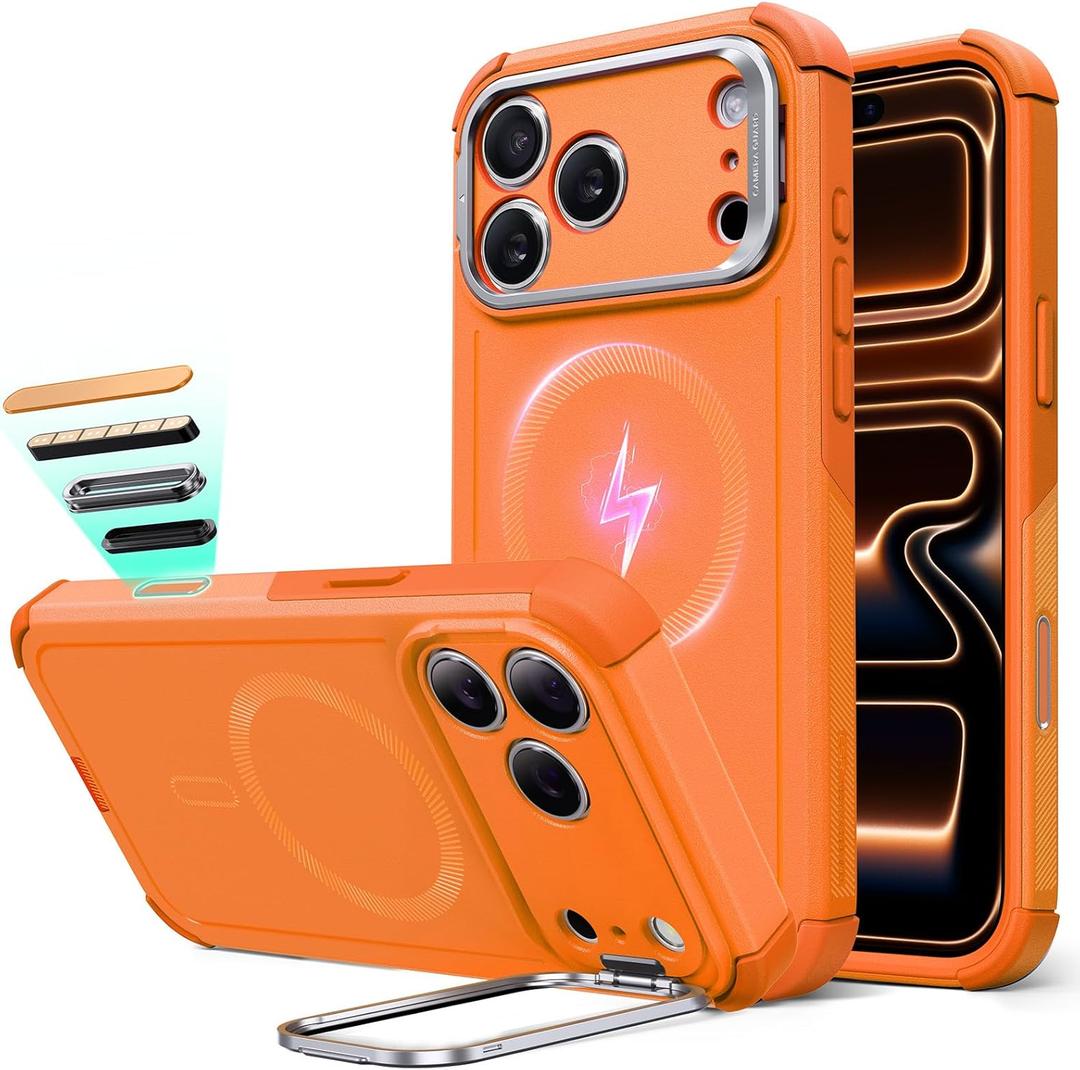 ESR for iPhone 17 Pro Case with Stash Stand, 7X Military-Grade Drop Protection with Camera Control, Shock-Absorbing Phone Rugged Cover, Compatible with MagSafe Accessories, Cyber Series, Orange