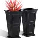 26" Tall Metallic Planter Set of 2, Black Taper Planters with Removable Partition Drainage Holes, Large Outdoor Planter for Front Porch, Garden, Patio, Balcony, Classic Estate Design, All-Weather Use