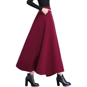 chouyatou Women's Fall Winter A-Line Swing Pleated Long Maxi Wool Skater Skirt (Pocket-wine) L