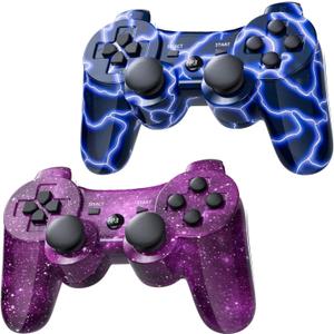Wireless Controller for PS-3 Motion Sense Double Vibration Upgraded Gaming Remote for Play 3 with Charging Cord (Blue+Purple) (Blue and Pruple)