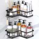 YASONIC Corner Shower Caddy 2 Pack, No Drill Adhesive Shower Storage Shelves, Rustproof Stainless Steel Wall Mounted Bathroom Organizer Shelf with 2 Removable Hooks for Dorm & Renters, Black