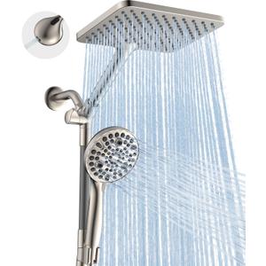 Dual Handheld Shower Head Combo, 2-in-1 Rain Shower Heads System Wide Rainfall Shower Head and 10 Modes High Pressure Hand Held Showerhead with Built-in Power Wash - Brushed Nickel