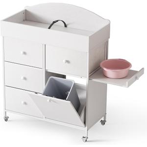 DTK Baby Dresser with Changing Table Top,4-Drawers Changing Table Dresser with Tile-Out Trash Cabinet and Pull-Out Shelf,Diaper Changing Station with Waterproof Pad and Storage for Nursery,White
