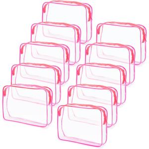 Tbestmax 10 Pack Clear Cosmetic Bags Makeup Bags Portable Waterproof TSA Approved Travel Toiletry Bags Large Organizer Rose Red, 9.8" x 7.1" x 2.4"