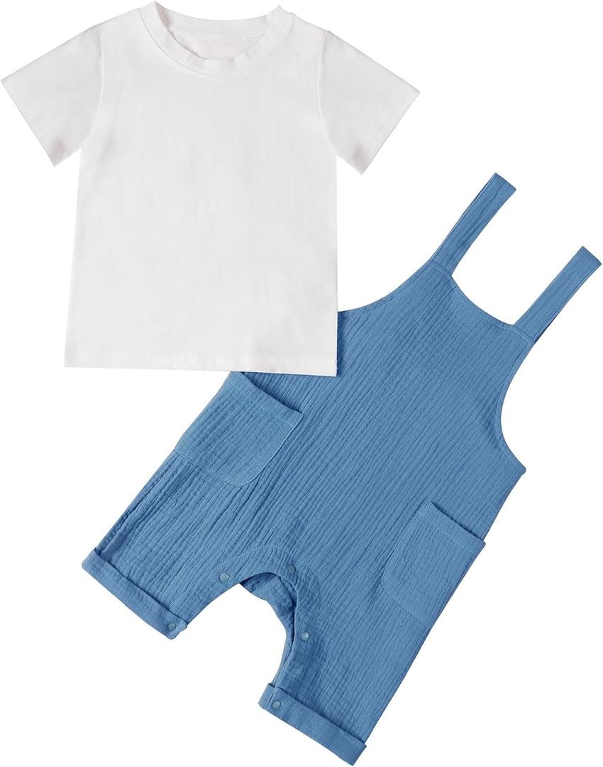 Hotfiary Baby Boy Summer Outfit for 6-24 Months Cotton Gauze Shortall Romper & White T-Shirt Clothes Set Photo Beach Birthday