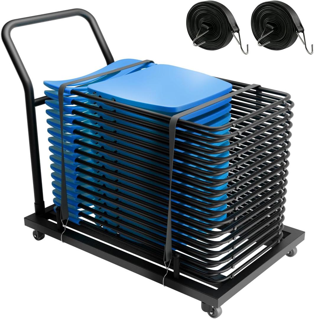 Black Folding Chair Dolly - 1500LB Capacity Heavy-Duty Folding Chair Rack on Wheels with Storage Straps & Locking Casters, Commercial Rolling Cart Holder