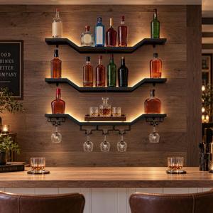 31.5" Wall Mounted Wine Rack with LED, 3-Tier Floating Bar Shelves