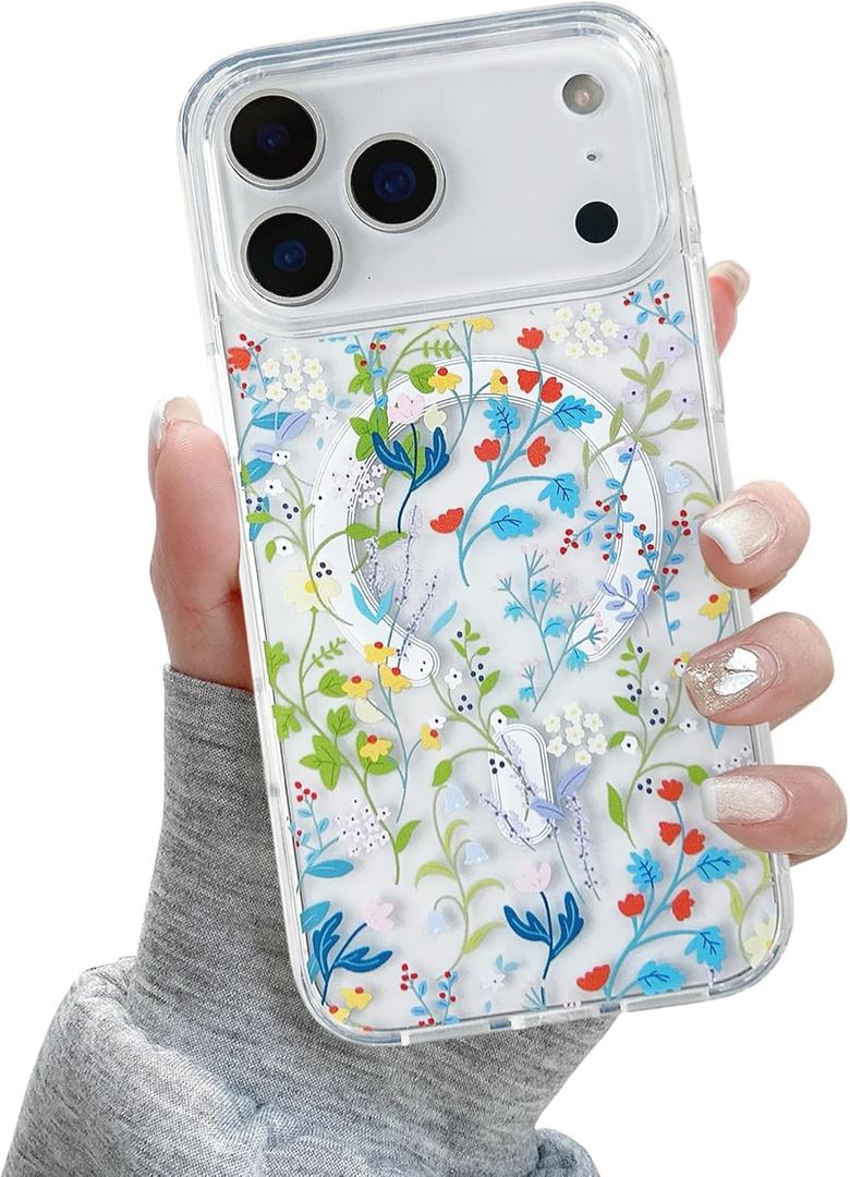 QLTYPRI Magnetic for iPhone 17 Pro Max Case Compatible with Magsafe, Cute Floral Flower Aesthetic Phone Case Slim Clear Anti-Yellowing Shockproof Phone Cover for Girls Women - Colorful Floratopia