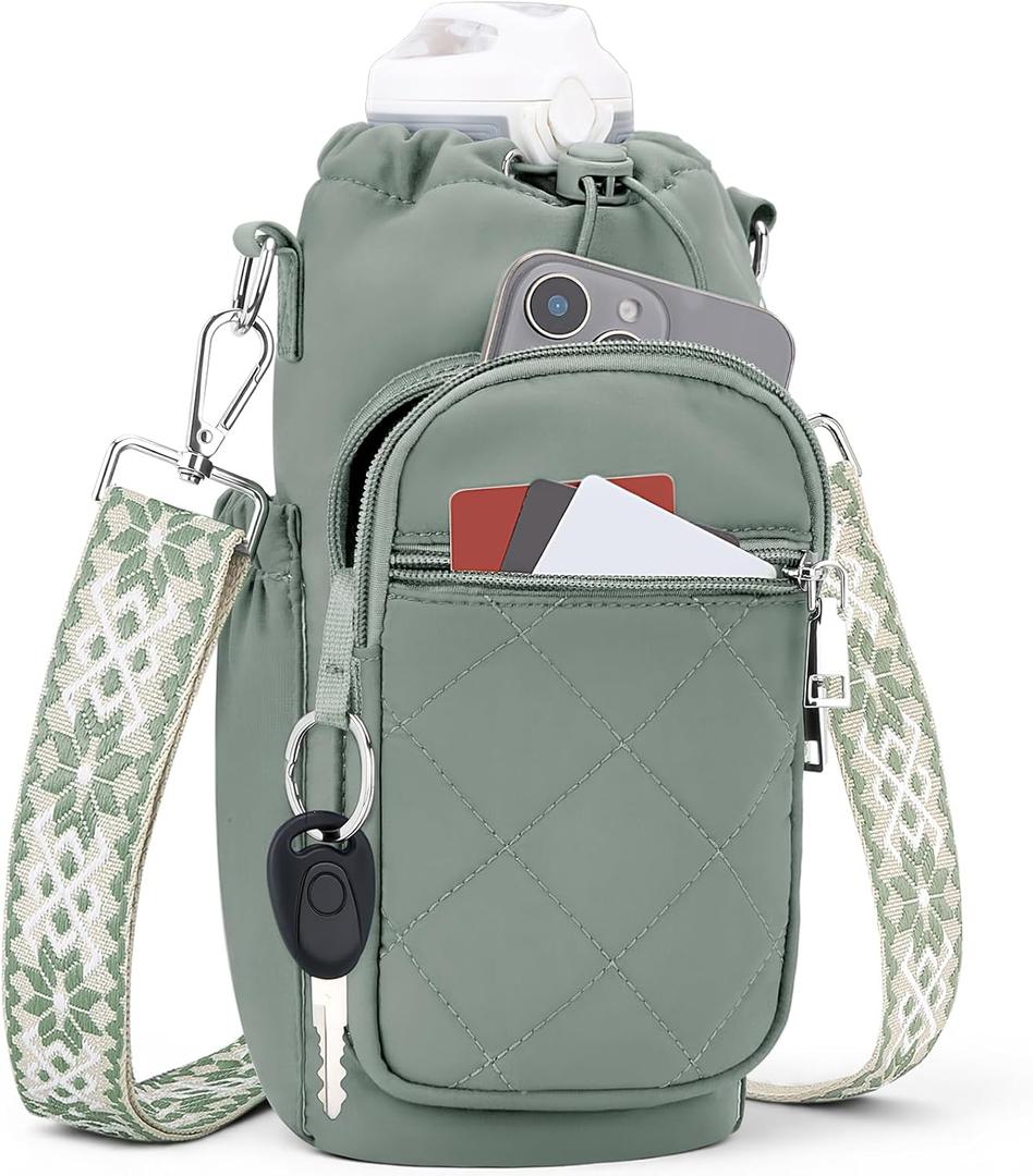 Water Bottle Carrier Bag with Strap, Water Bottle Purse with Phone Pocket 40oz for Walking Hiking (Antique Green)
