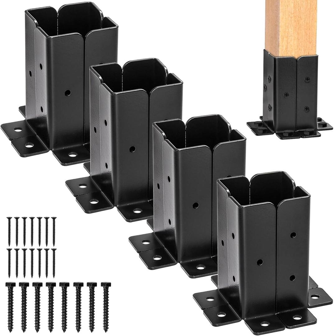 Yesland 8 Pcs Adjustable Deck Post Anchor Base Brackets Fit 1.5x1.5, 2x2, 2x4, 4x4 Post, Heavy Duty Reversible Wood Fence Post Base Brackets kit for Pergola Railing Mailbox, Black