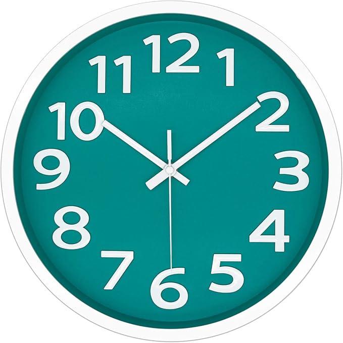 12 Inch Modern Wall Clock Silent Non-Ticking Battery Operated 3D Numbers Bright Color Dial Face Wall Clock for Home/Office Decor, Cyan