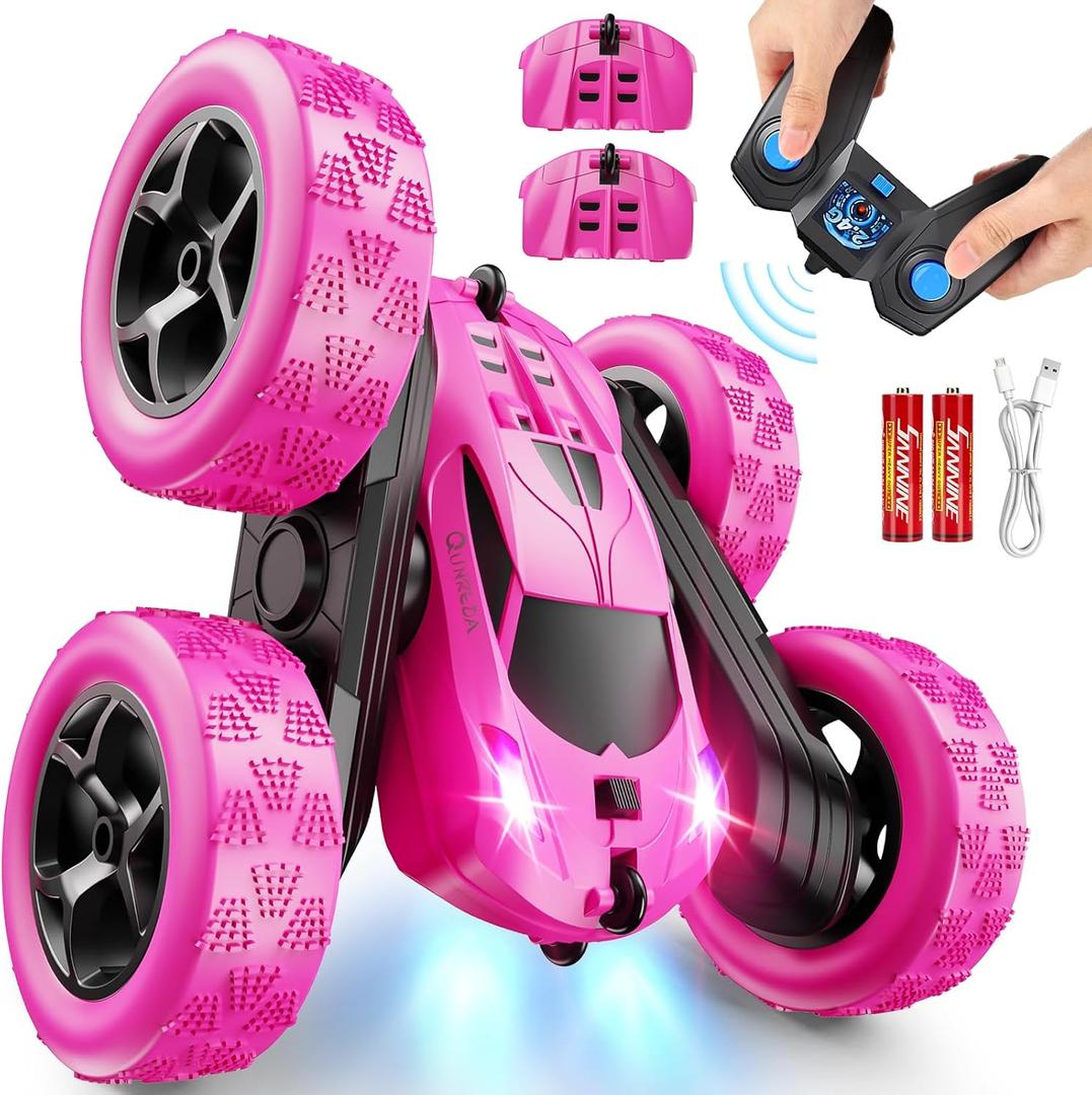 QUNREDA RC Cars, Rose Remote Control Car for Girls, 2.4 GHZ Double Sided RC Stunt Car 360 Rotating Remote Control Crawler with Headlights Car Toys for 6 7 8 9 10 11 12 Girls Birthday Gift