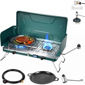 2 Burner Propane Stove, 20000BTU Portable Camping Stove with 2 Adjustable Burner and Wind Guards, Camping Cooktop with Ignition & Griddle for Camping,Tailgating, BBQ, Grilling,Outdoor Gear