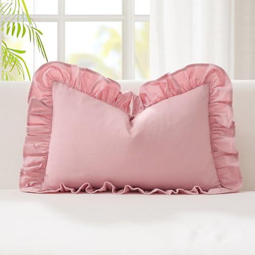 Kevin Textile 12x20 Inch Lumbar Pillow Cover 1 Pack 100% Cotton Lace Ruffles Scalloped Decorative Rectangle Cushion Case Soft Pillow for Bedding Couch Sofa, Pink