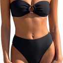 SUUKSESS Women Bandeau O Ring Bikini Sets Tie Back High Waisted 2 Piece Swimsuit (Black, S)