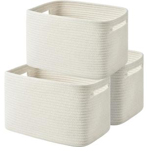 Storage Basket - Woven Cotton Rope Baskets for Organizing, Decorating Shelves, Books, Towels, Toys - 3 Pack - White