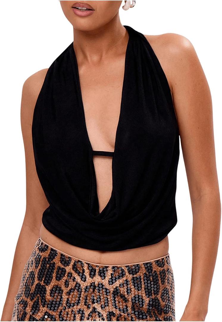 SHENHE Women's Halter Draped Front Crop Top Deep V Neck Tie Backless Going Out Tops (Medium, Black)