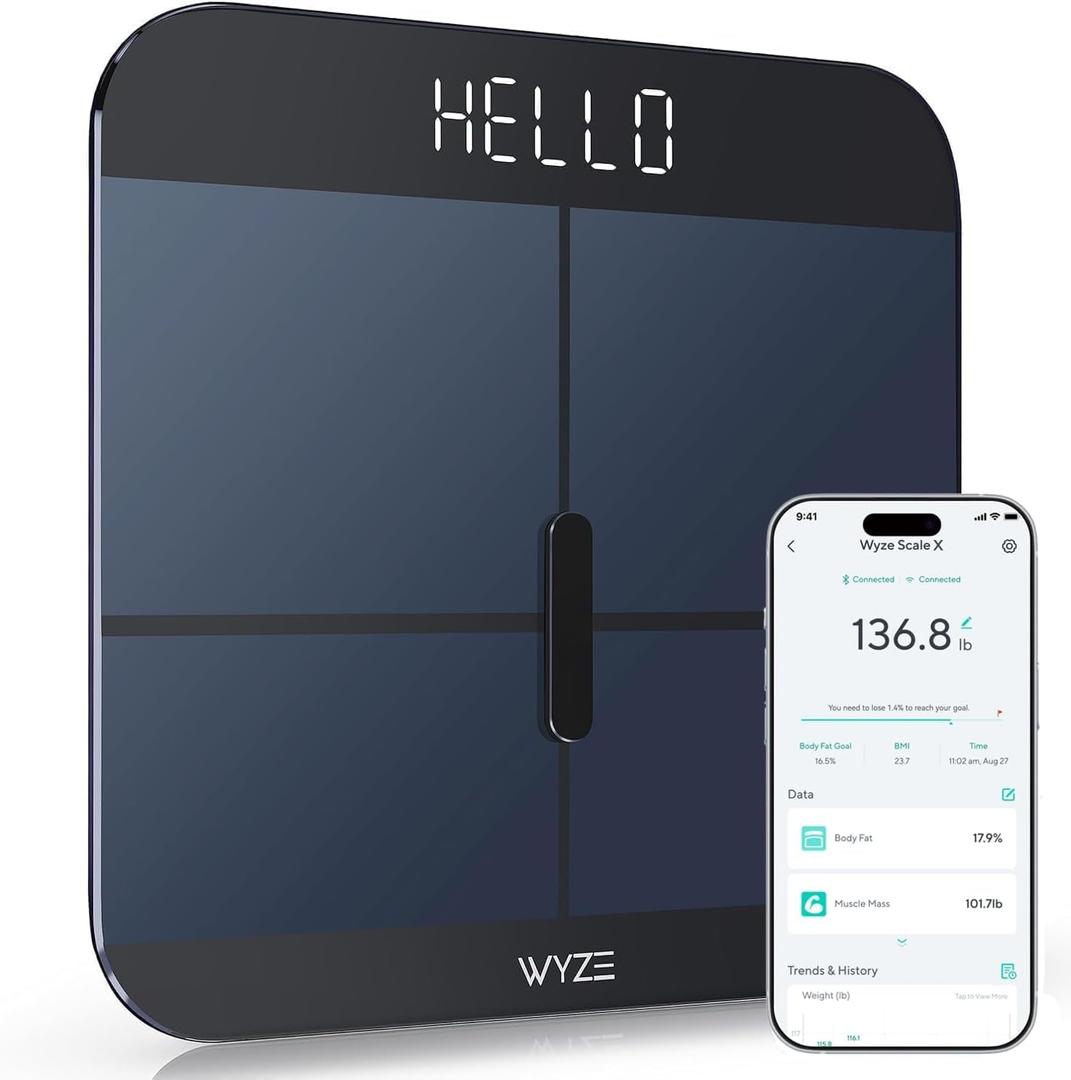 Wyze Smart Scale X - Digital Bathroom Scale for Body Weight, BMI, Body Fat, Muscle Mass, Heart Rate Monitor | ITO Glass & LED Backlight | Batteries Included, 400 lbs