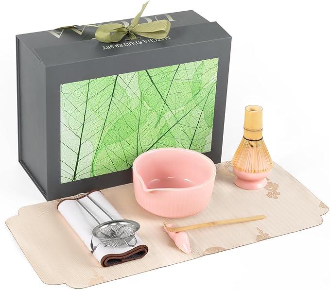 Pink Traditional Matcha Set Whisk and Bowl, 8 Pcs Matcha Making Kit Includes Ceramic Bowl with Spout, Bamboo Whisk, Holder, Scoop, Sifter, Tea Towel Cloth and Mat-Ceremonial Matcha Starter Kit Gift