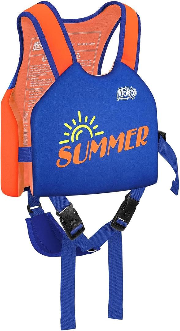 MoKo Swim Vest for Kids - Swim Floats Jacket for 2-3-4-5-6 Years (22-30-50-66LBS), Toddler Floaties Beach Accessory, Kids Pool Floats Vest with Adjustable Crotch Strap (Orange & Blue)