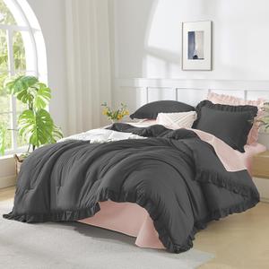 Andency Dark Gray Comforter Set Full, 3 Pieces Full Bed Solid Bedding Comforters & Sets, (1 Ruffle Comforter and 2 Pillowcases) All Season Lightweight Fluffy Soft Microfiber Bedding Set (79x90Inch)