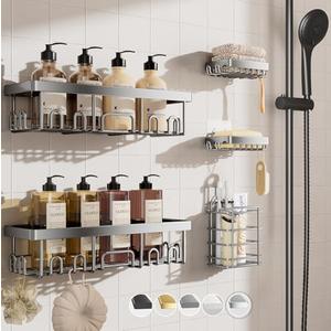 Veken Adhesive Shower Caddy 5-Pack,Heavy Weight Bearing,Large Wall Mounted Shower Shelves Rack,Organizer Storage Accessories with Soap Dish&Toothbrush Holder,Ideal for Bathroom,Home&Kitchen,Silver