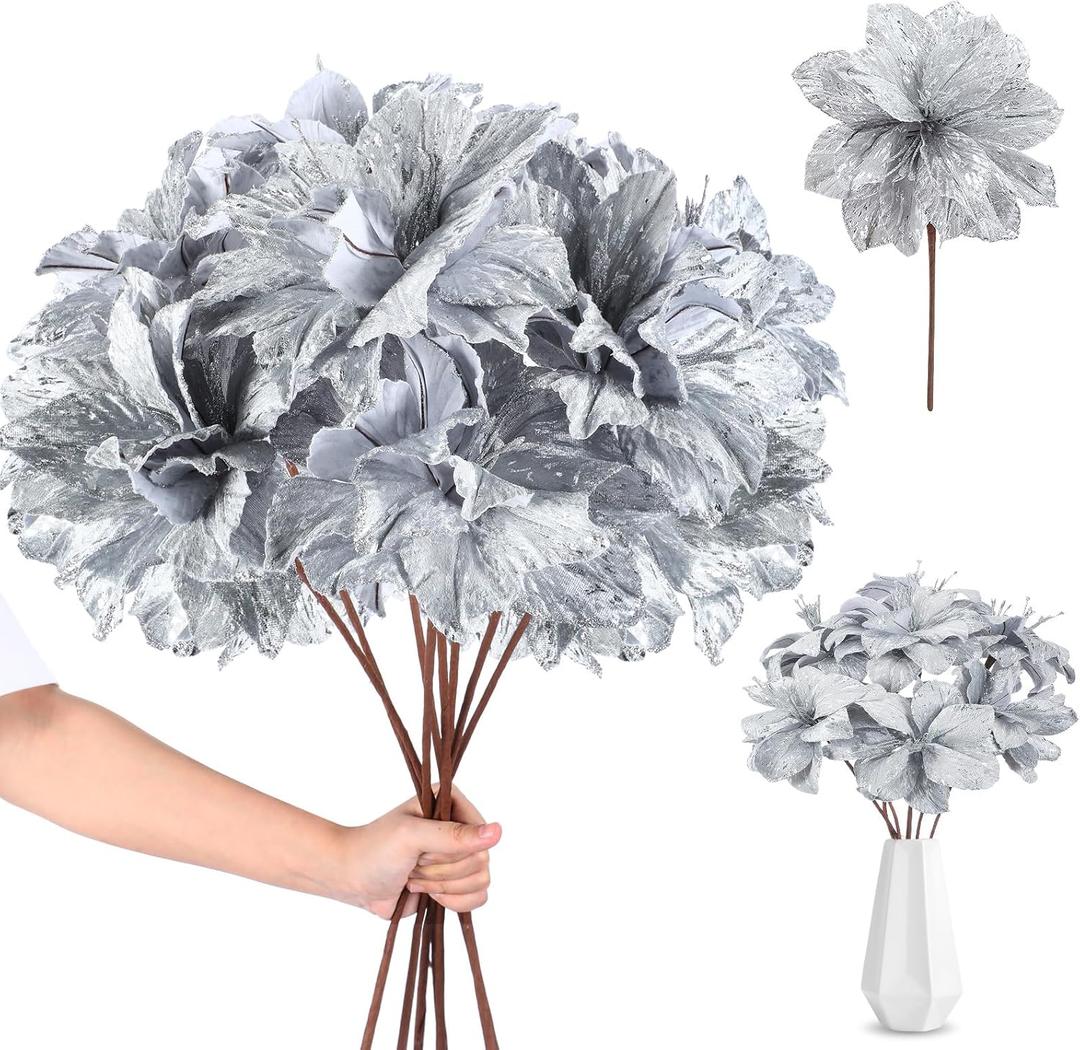 9 Pcs Silver Christmas Poinsettia Artificial Flowers 24'' Large 3 Heads Flowers Magnolia Stem Faux Poinsettia Flowers Ornaments for Christmas Tree Vase Table Centerpiece Decor