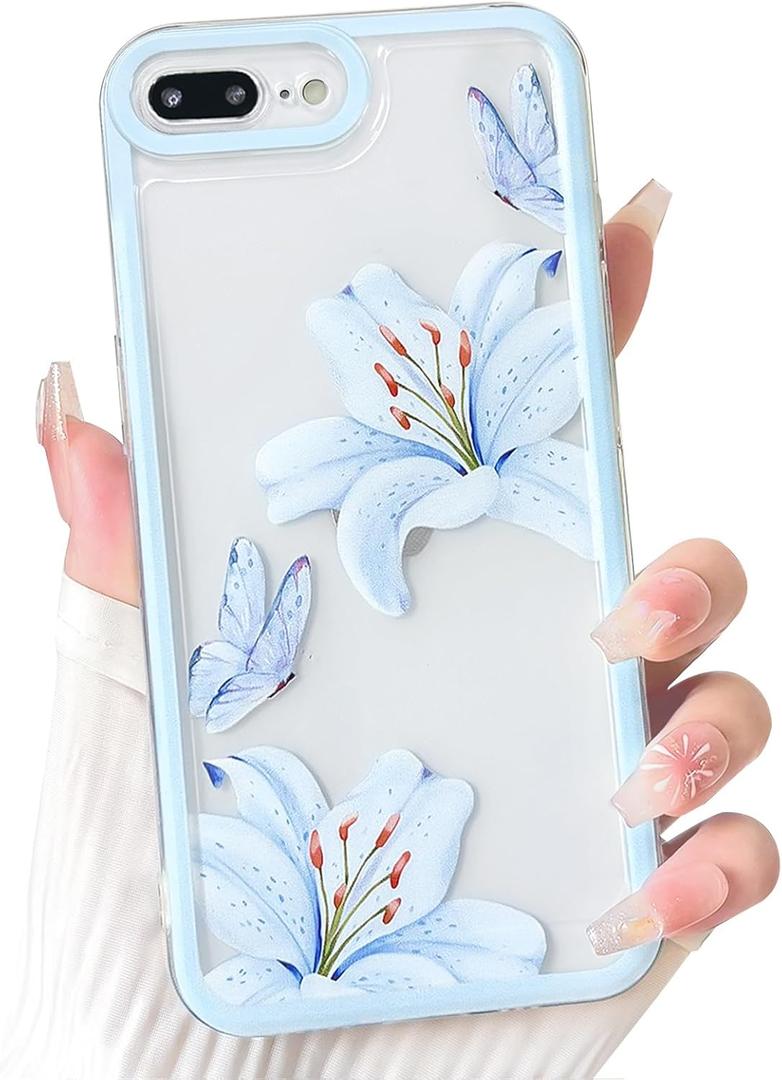 NITITOP Compatible with iPhone 7 Plus / 8 Plus Case Cute Durable Lily Flower Floral Butterfly Pattern for Women Girls Color Frame Slim Shockproof Protective Phone Cover - Blue