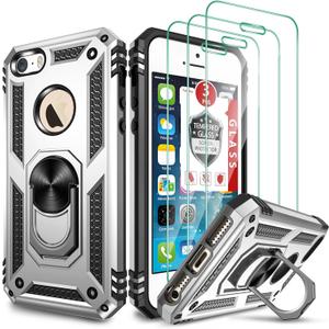 for iPhone SE Case(1st gen - 2016), Case for iPhone 5S with [3X Tempered Glass Screen Protector]Built-in Ring Kickstand and Magnetic Car Mount Shockproof Dropproof Case for iPhone SE/5/5S (4") -White