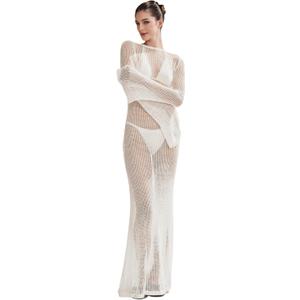ZGMYC Women's Sexy Backless See Through Maxi Dress Bathing Suit Cover Up Knit Flared Long Sleeve Beach Dress Bikini Coverups (Large, White Crochet Knit Hollow-out Style)