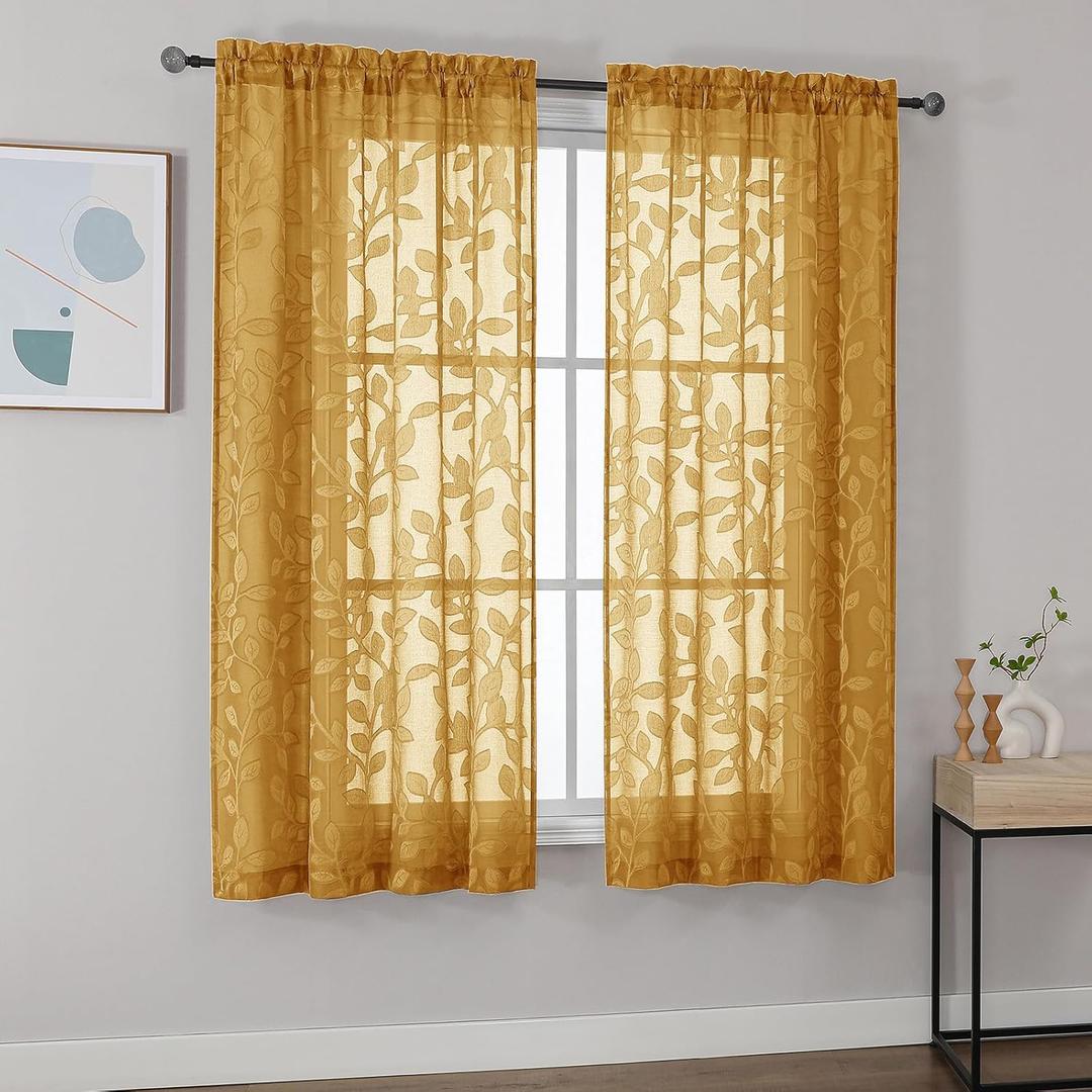 OVZME Gold Sheer Curtains 54 inches Long 2 Panels for Living Room, Jacquard Clip Leaf Pattern Textured Light Filtering Window Semi Sheer Voile Drapes for Bedroom, Each Panel 42 x 54 Inch OVZME Gold Sheer Curtains 54 inches Long 2 Panels for Living Room, Jacquard Clip Leaf Pattern Textured Light Filtering Window Semi Sheer Voile Drapes for Bedroom, Each Panel 42 x 54 Inch