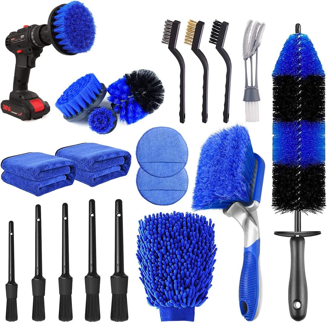 20Pcs Car Wheel Tire Detailing Brush Set,Car Detailing kit,Car Detailing Brushes,Auto Detailing Drill Brush Set,17" Long Handle Rim Wheel Brush,Tire Brush,Car Cleaning Kit for Wheels,Interior,Exterior