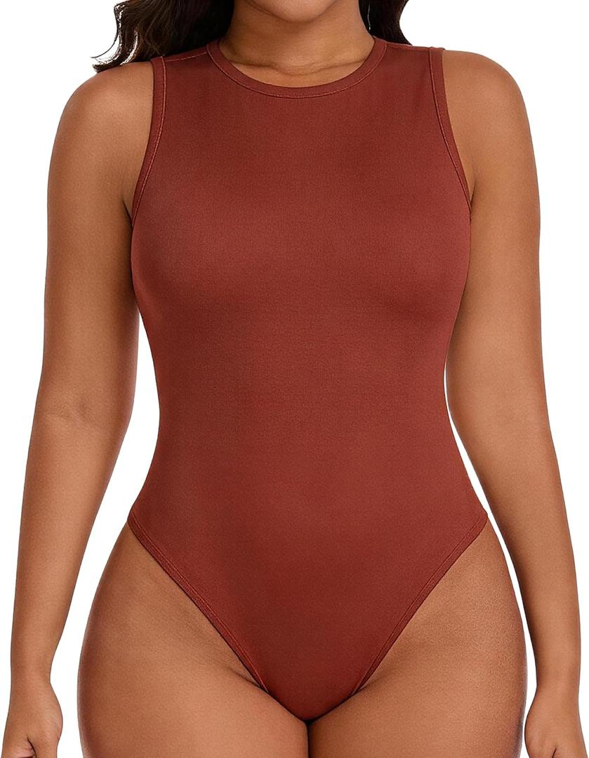 TROPICA LOVE Women's Shapewear Bodysuit Double Lined Tummy Control Compression Body Shaper Crew Neck Sleeveless Thong Top (Brown, XL)